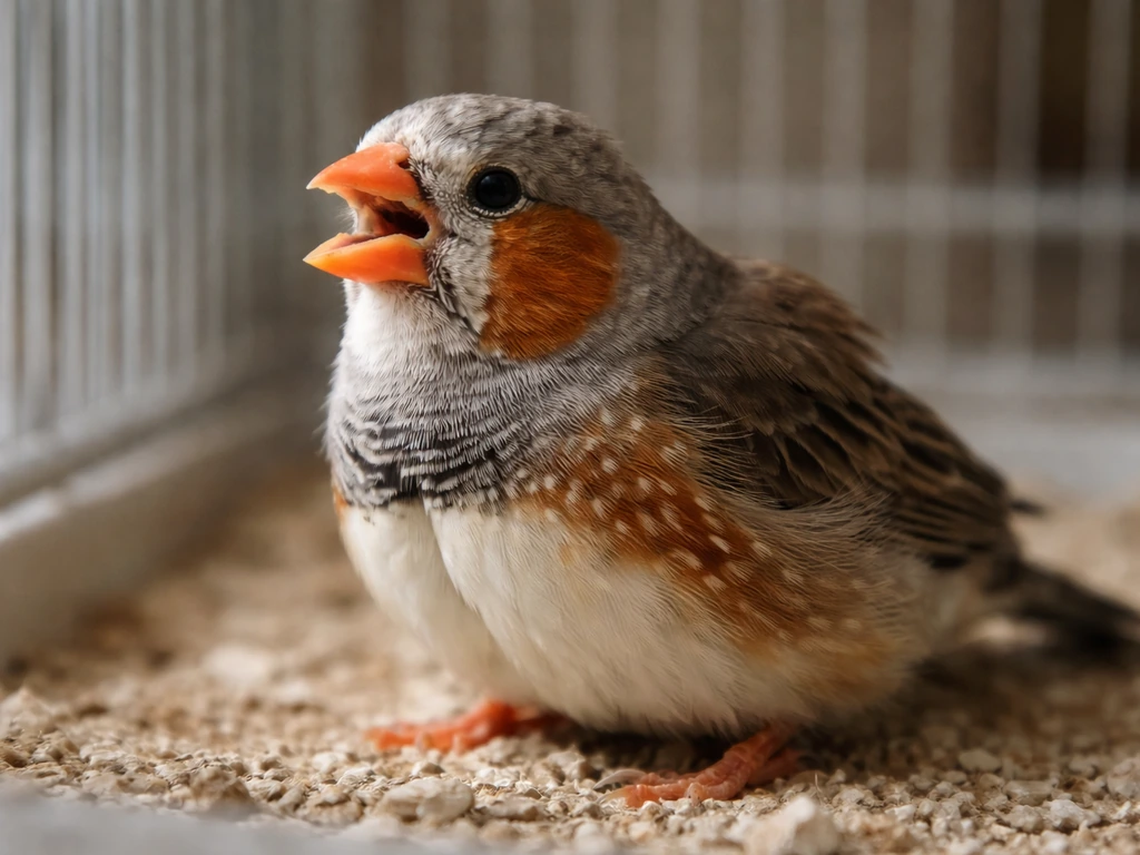 Close-up of a small bird in an open-mouth breathing posture, signaling urgent respiratory distress.