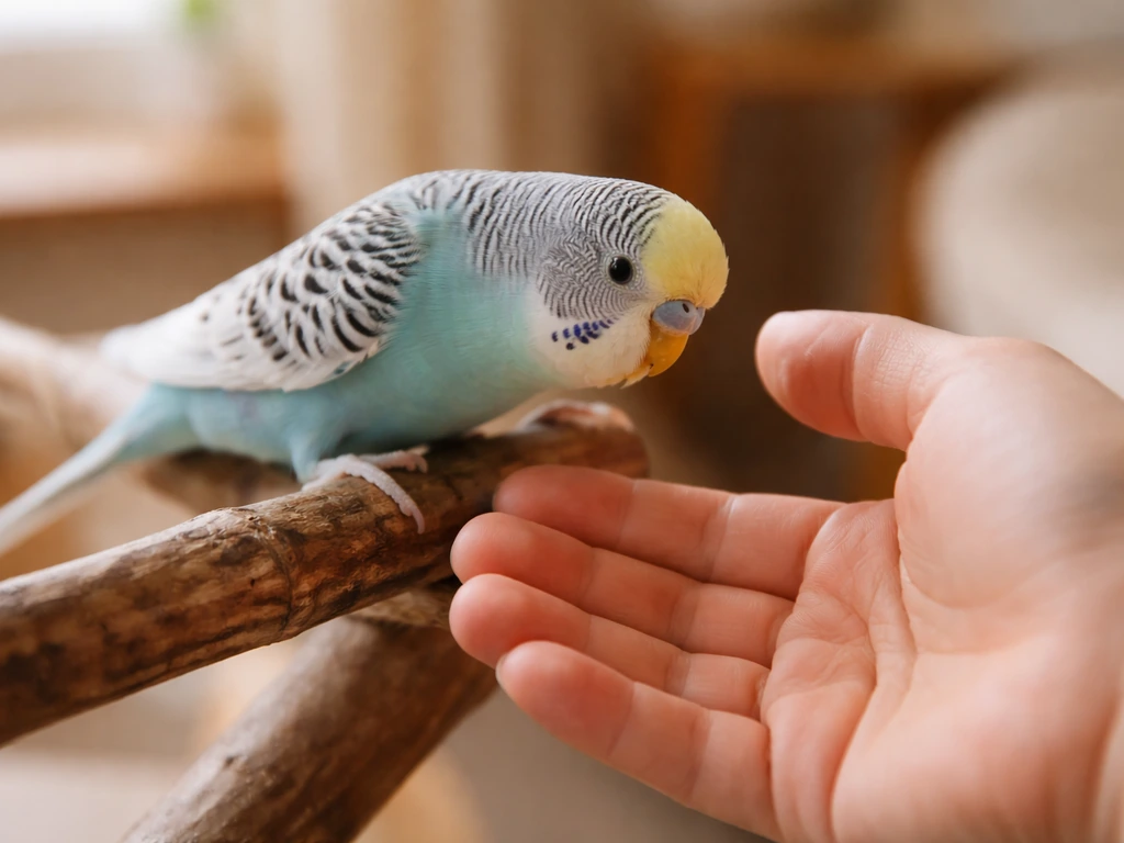 Close-up of a pet bird perched beside an owner’s hand showing gentle bonding behavior