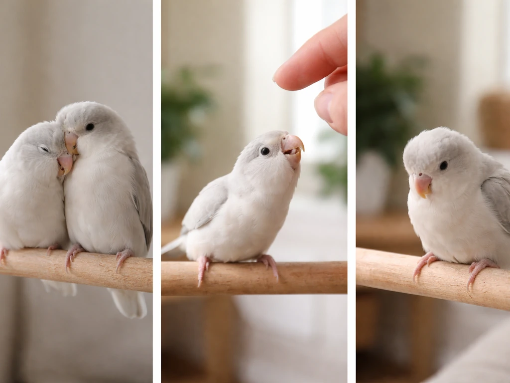 Triptych of a pet bird showing relaxed bonding, attention-seeking toward a hand, and tense stress relief behavior.