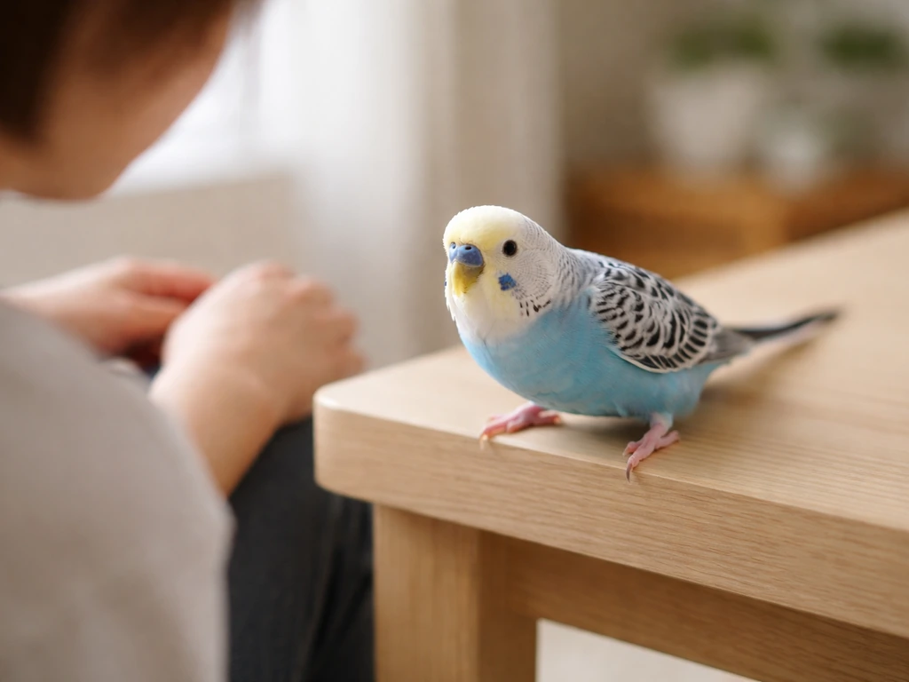 Pet bird perched and leaning to mount while owner turns away, hands lowered, attention-seeking moment