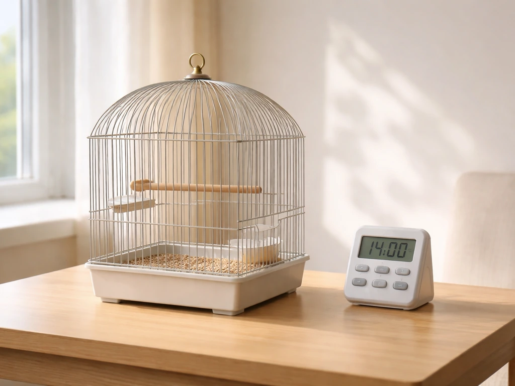 A small birdcage in a bright room beside a timer showing hours of light control.