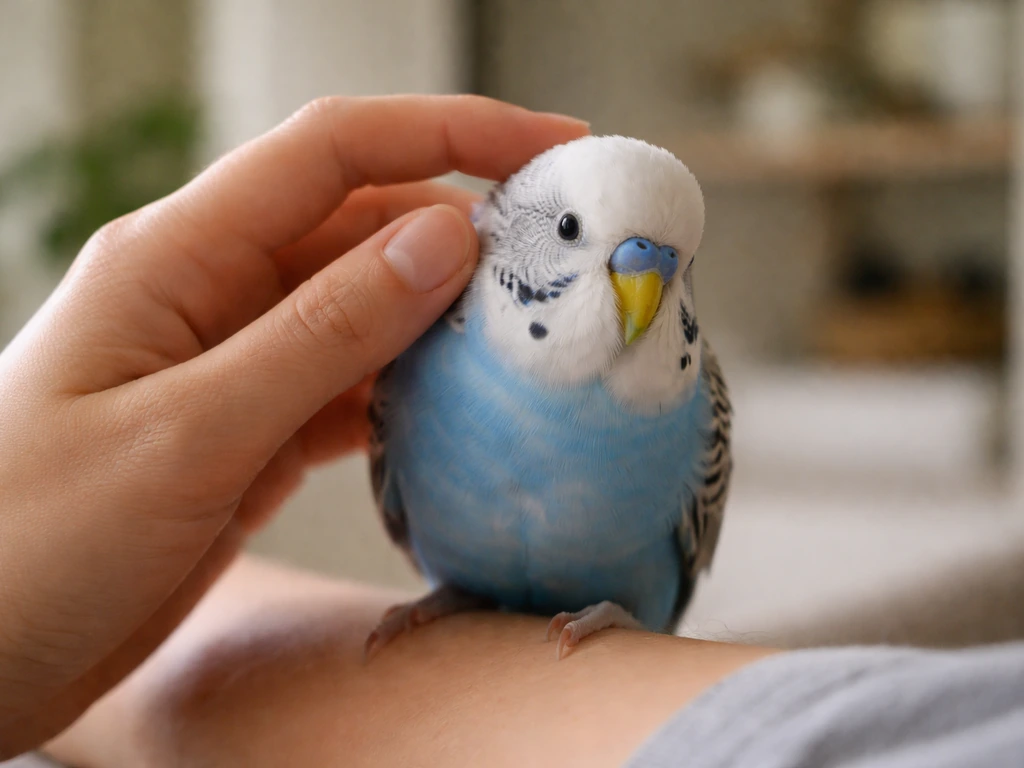 Close-up of a calm pet bird being gently petted on the head/neck while hands stay away from the back area.