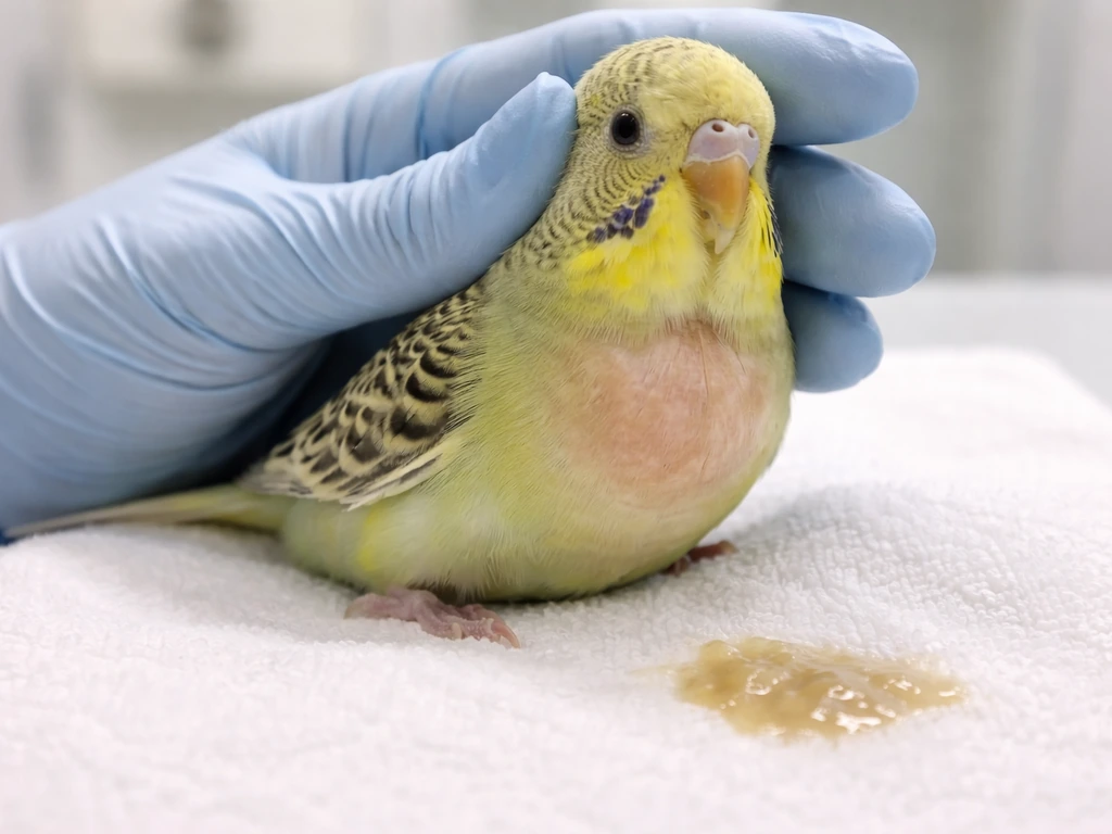 Small bird in clinic with gently distended crop and pale regurgitated material on towel near throat.