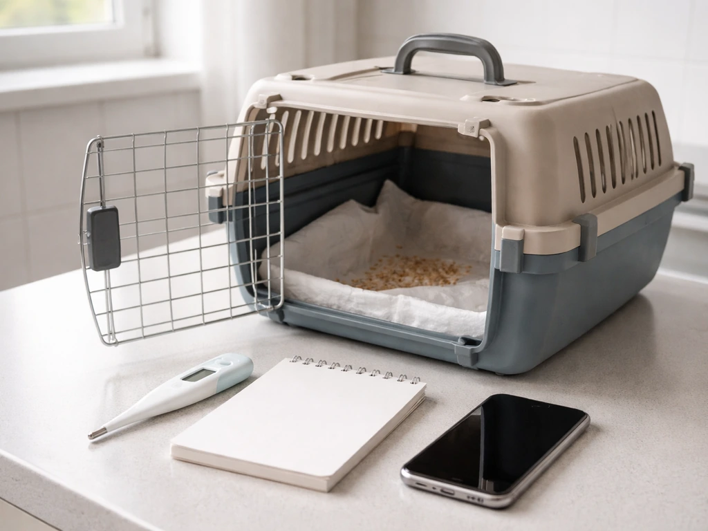Empty bird carrier on a table beside a thermometer and note pad, suggesting urgent avian care