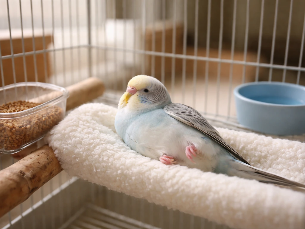 Small pet bird lying on its back inside a clean cage, calm and safe, with simple care items nearby.
