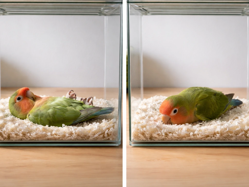 Two lovebirds in separate simple setups: one calmly resting on its back, one flopped tense posture