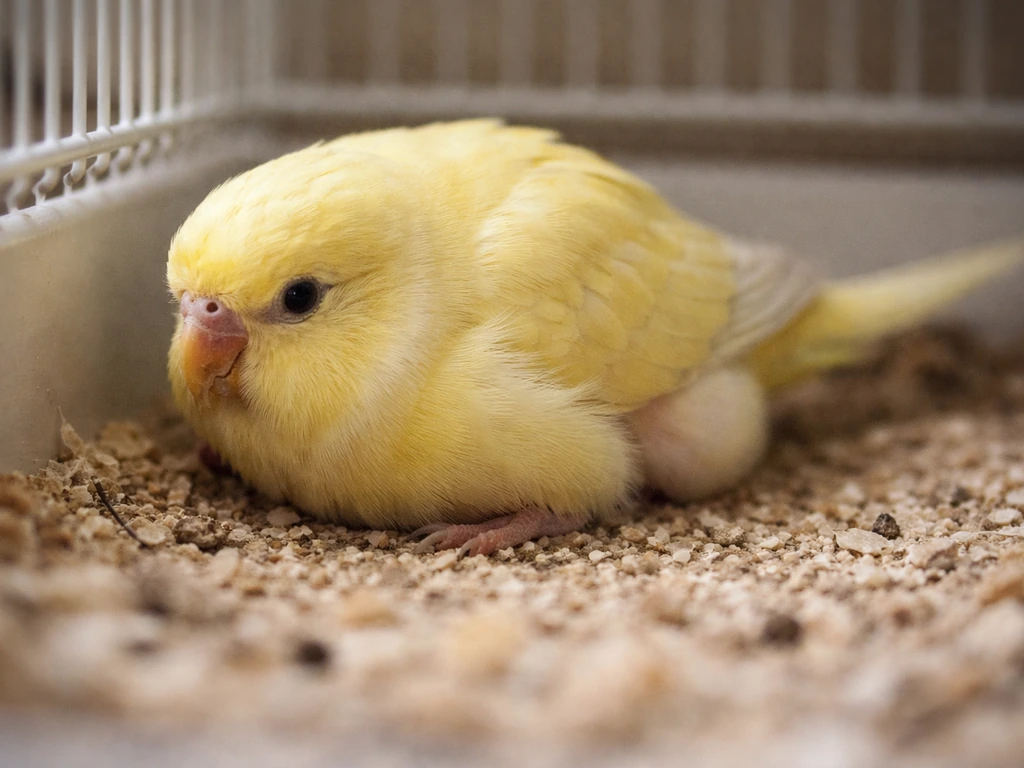 A small female bird crouches on the cage floor with tail-bobbing straining posture, showing egg-binding signs.