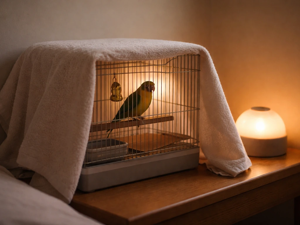 A small pet bird in a cage partially covered with a light towel for a calm warm environment.