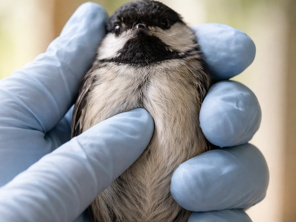 Gloved fingers gently pressing a small bird’s chest to locate the keel ridge through feathers.
