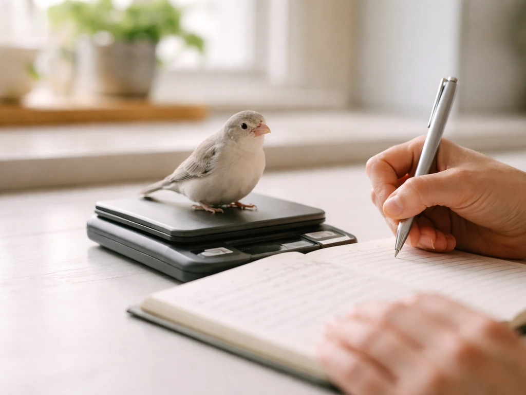 Small pet bird perched on a gram-accurate digital scale while a hand records weight in a notebook.
