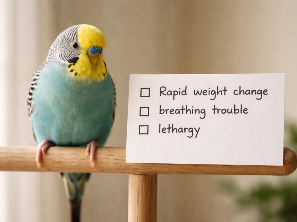 Pet bird on a perch beside a checklist card listing vet warning signs.