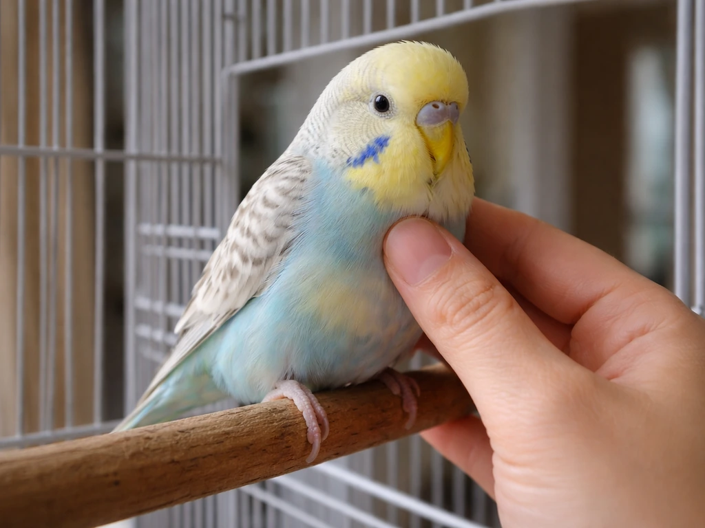A pet bird perched near its cage while an owner’s hand gently checks its chest area.