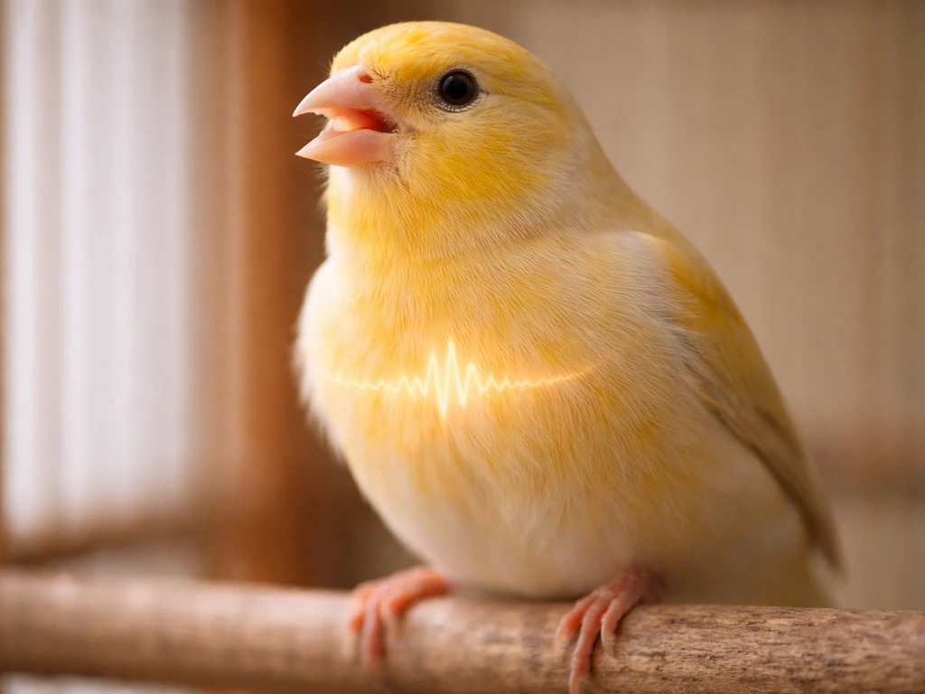 Close-up of a small pet bird’s throat and chest with subtle sound-wave glow suggesting coughing sounds.