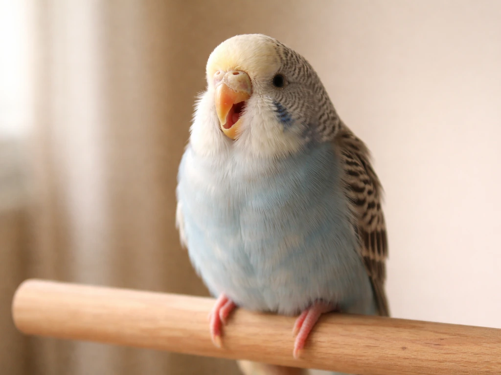 Small pet bird fluffed up in a quiet room, open-mouth breathing with slight nasal discharge near its beak.