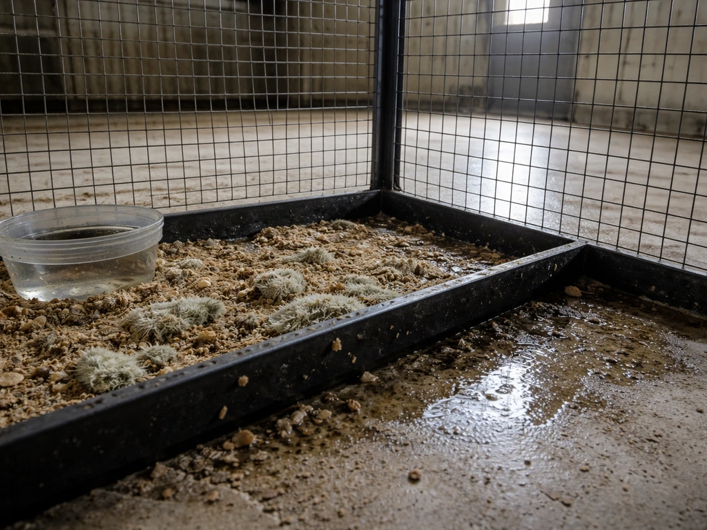Indoor bird enclosure with damp, moldy bedding and dirty substrate suggesting aspergillosis risk