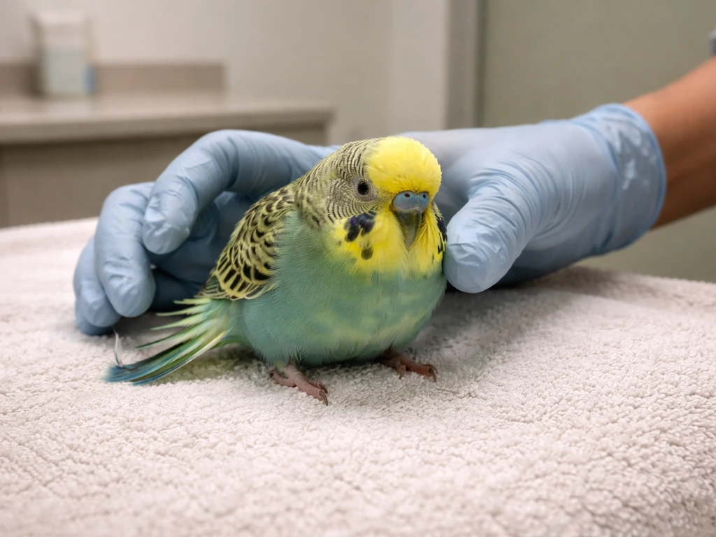 Small bird on a vet exam towel showing tail bobbing while breathing at rest.