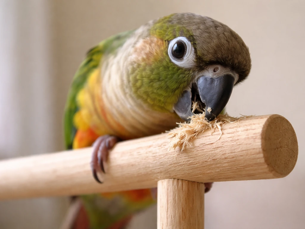 Close-up of a parrot chewing a wooden perch toy in natural light
