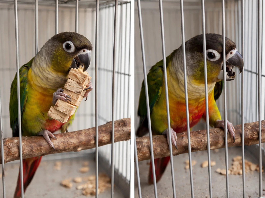 Split image: parrot calmly chewing a toy on one side, frantic cage-bar gnawing on the other.