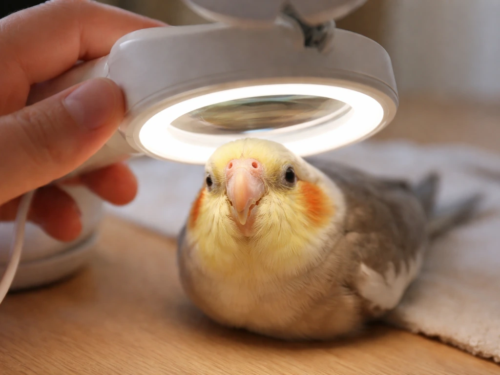 Small pet bird with its beak being gently inspected under a handheld magnifying lamp.