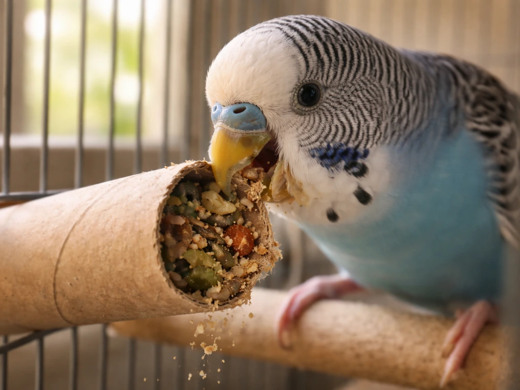 A small pet bird actively forages by chewing food inside a cardboard paper enrichment toy.