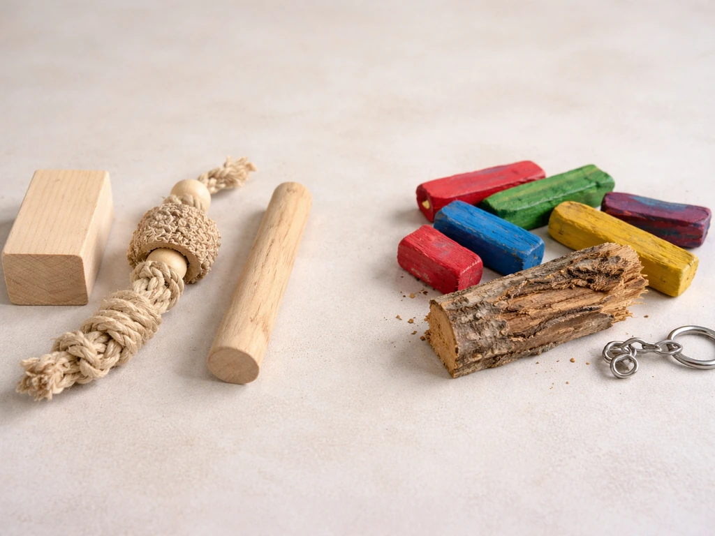 Untreated wooden chew toys on one side and painted/unsafe materials on the other, clearly separated.