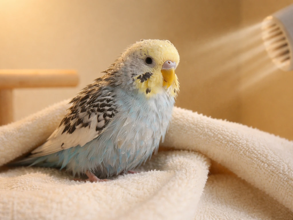 Damp pet bird perched near a warm towel as it’s gently dried in a draft-free, cozy room.