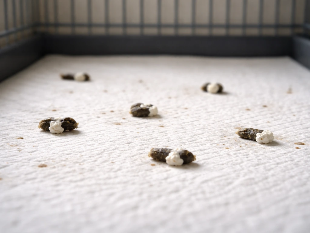 Close-up of a pet bird cage floor with normal droppings and white urates for a baseline.
