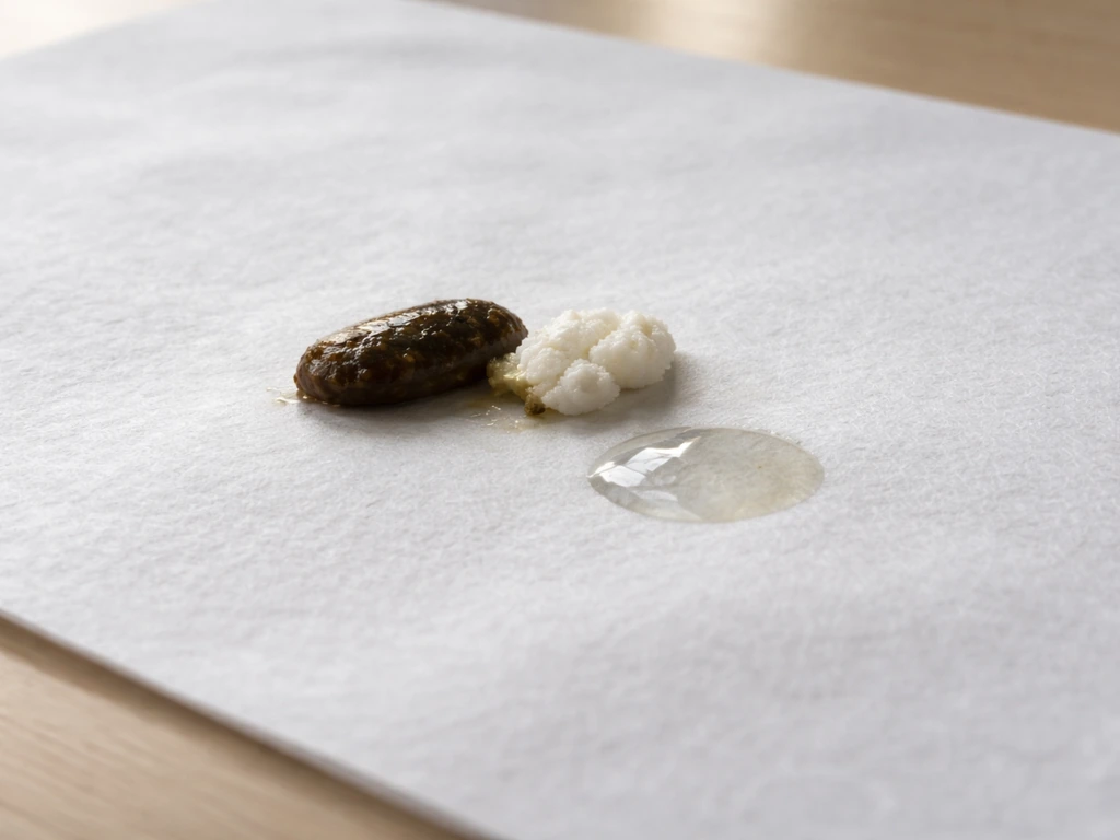Close-up of a bird cage liner showing dark fecal portion, white urates, and clear urine in three distinct areas.
