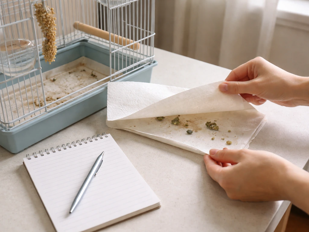 Caregiver’s hands checking a bird cage liner and droppings on a clean surface with a blank notepad nearby.