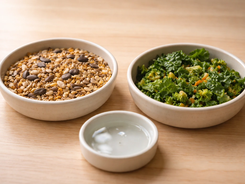 Two bowls of bird food—seed-heavy mix and fresh greens—next to a small water dish in a clean setting.