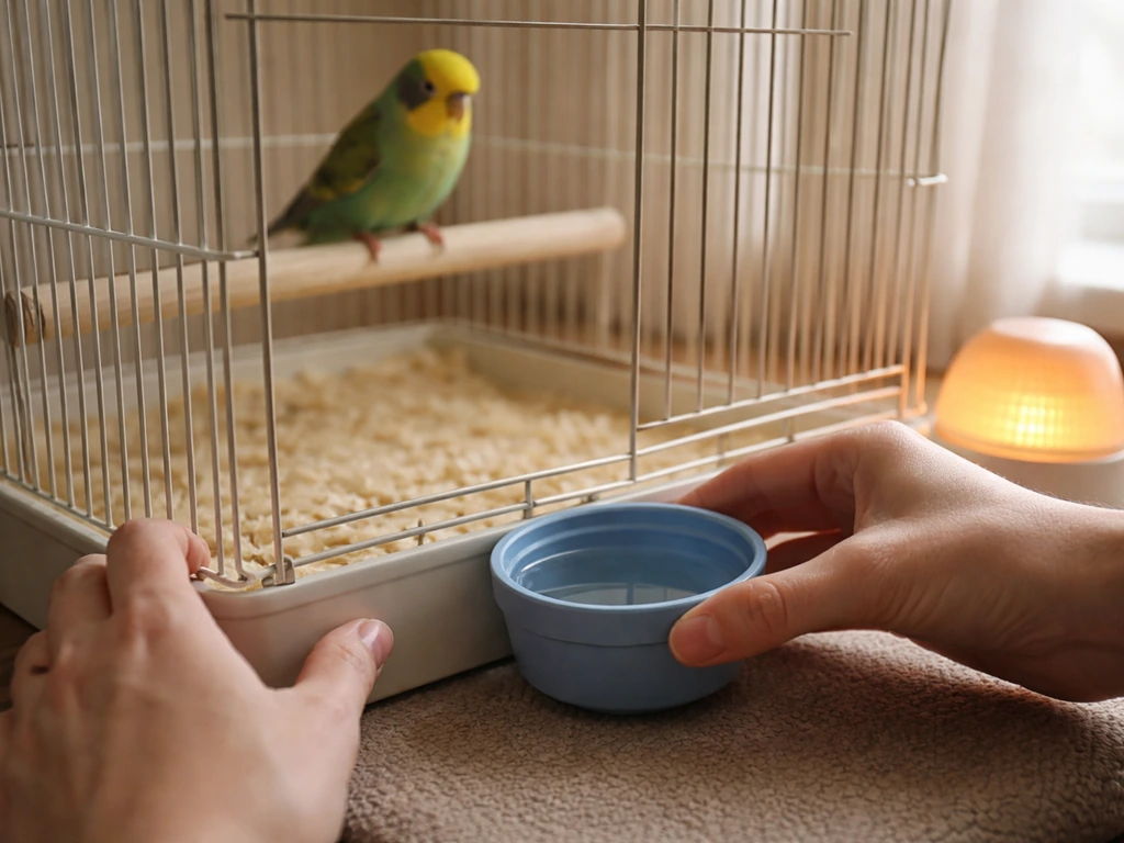 Hands replacing a bird’s water bowl while the small pet bird stays calmly perched in the background.