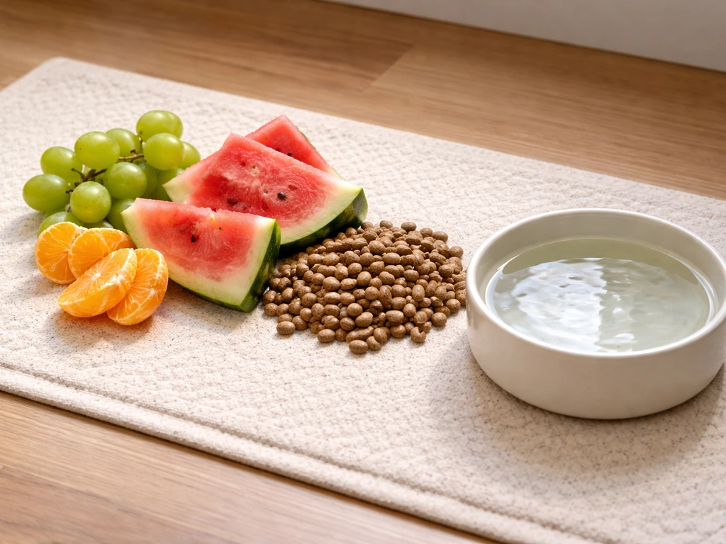 Close-up of grapes and watermelon beside dry pellets and a fresh water dish in natural light.