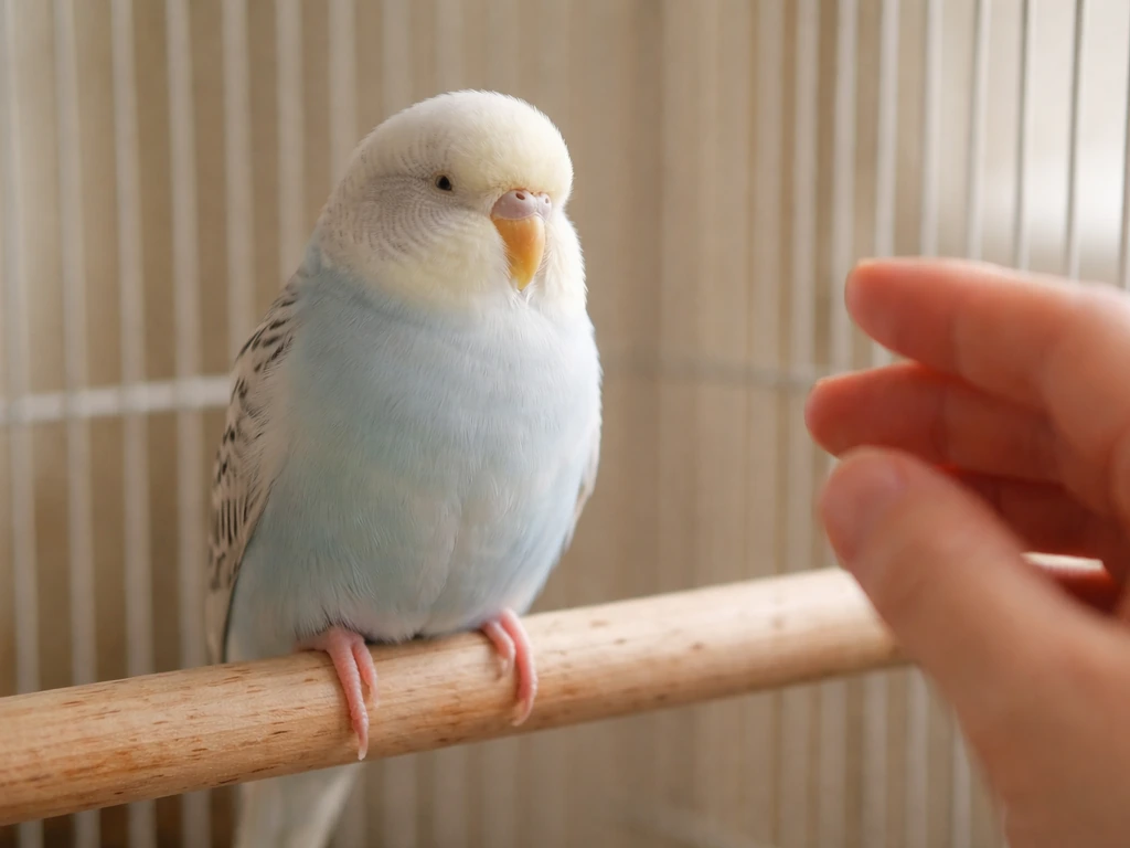 Small pet bird perched upright, eyes relaxed, with a nearby hand observing from a safe distance