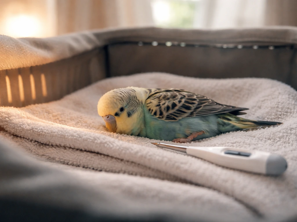 Small pet bird unable to stand, resting on a towel in a warm low carrier with an emergency care setup.