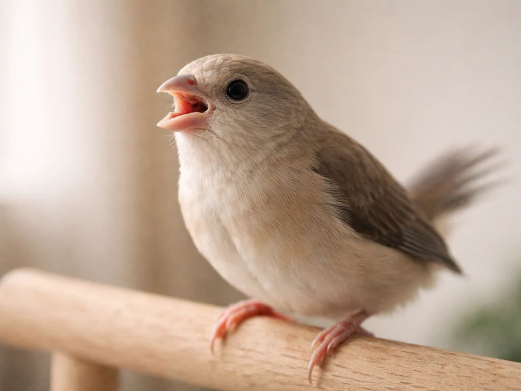 Side-view of a small pet bird showing open-mouth breathing and tail bobbing in a quiet indoor setting.
