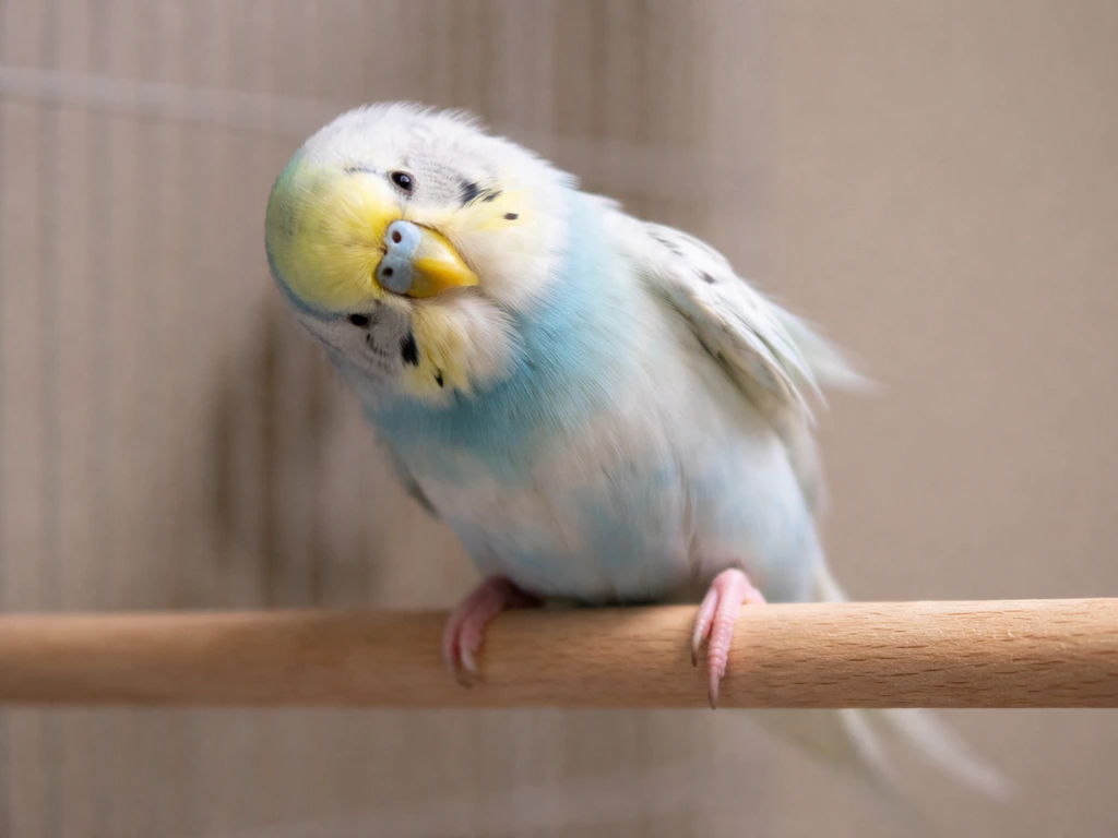 Single small pet bird leaning heavily to one side with head tilt, looking unsteady on a perch
