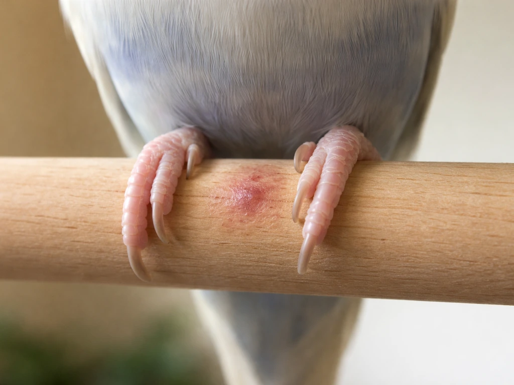 Close-up of a bird foot on a safe perch surface showing mild swelling on the sole.