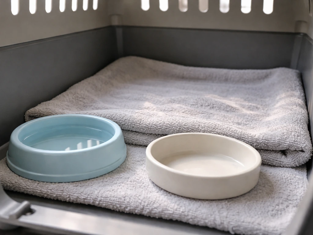 Shallow water dish and towel-lined low feeding spot inside a pet carrier for easy bird access.