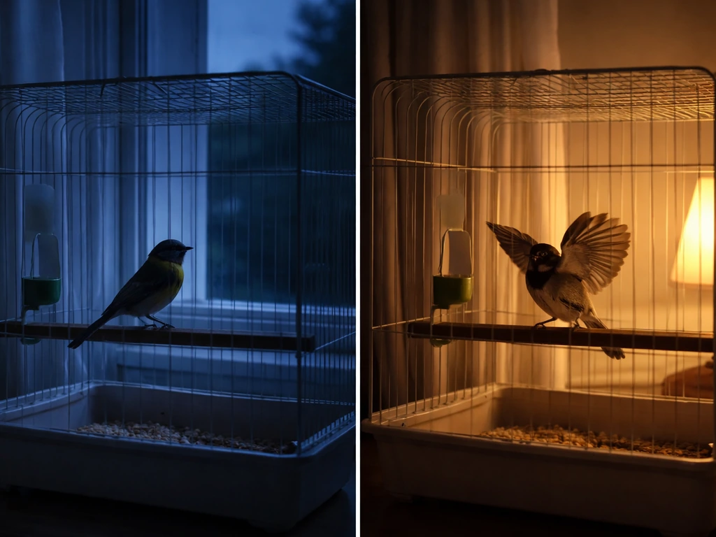 A calm caged bird at dusk looks startled as warm night light shifts, signaling nighttime panic triggers.