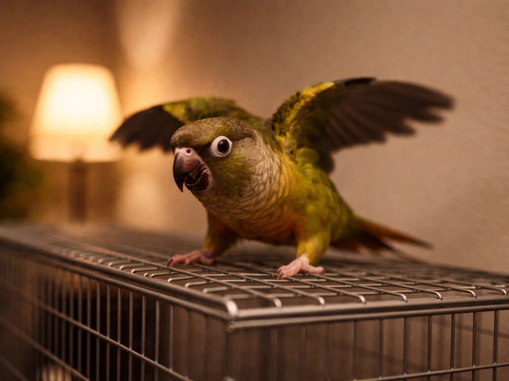 Dimly lit indoor parrot on a perch with wings slightly spread, startled and frantically moving at night