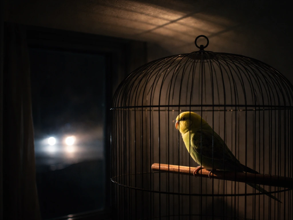 Nighttime bird inside a cage as moving car headlights sweep bright light across it through the bars.