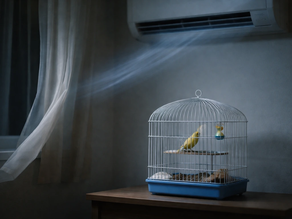 Small bird in a cage positioned in AC vent airflow path, showing a drafty mismatch in a minimal room.