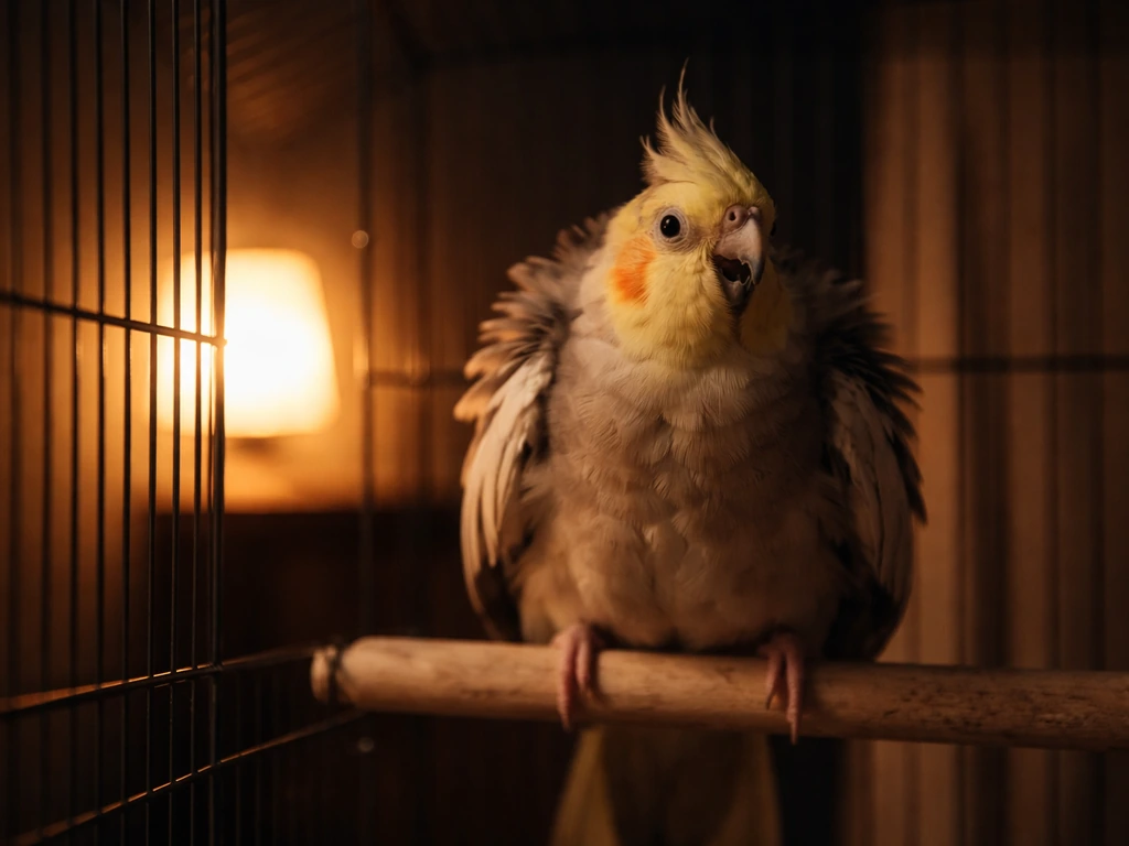 A startled small parrot in its cage as a warm dim night light turns on in a dark room.
