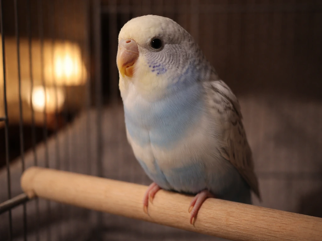 Nighttime close view of a small pet bird fluffed up with open-mouth breathing, check breathing focus.