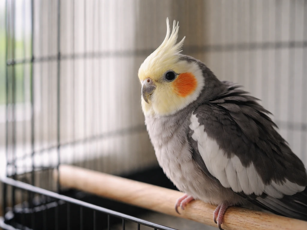 Small pet bird perched at the cage edge with wary, tense body language in natural light.