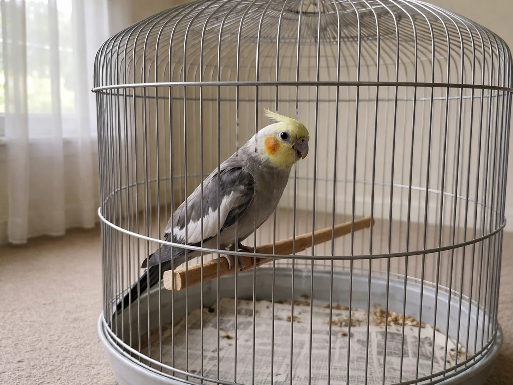 Pet bird inside a simple cage showing tense, leaning-away body language near a window.