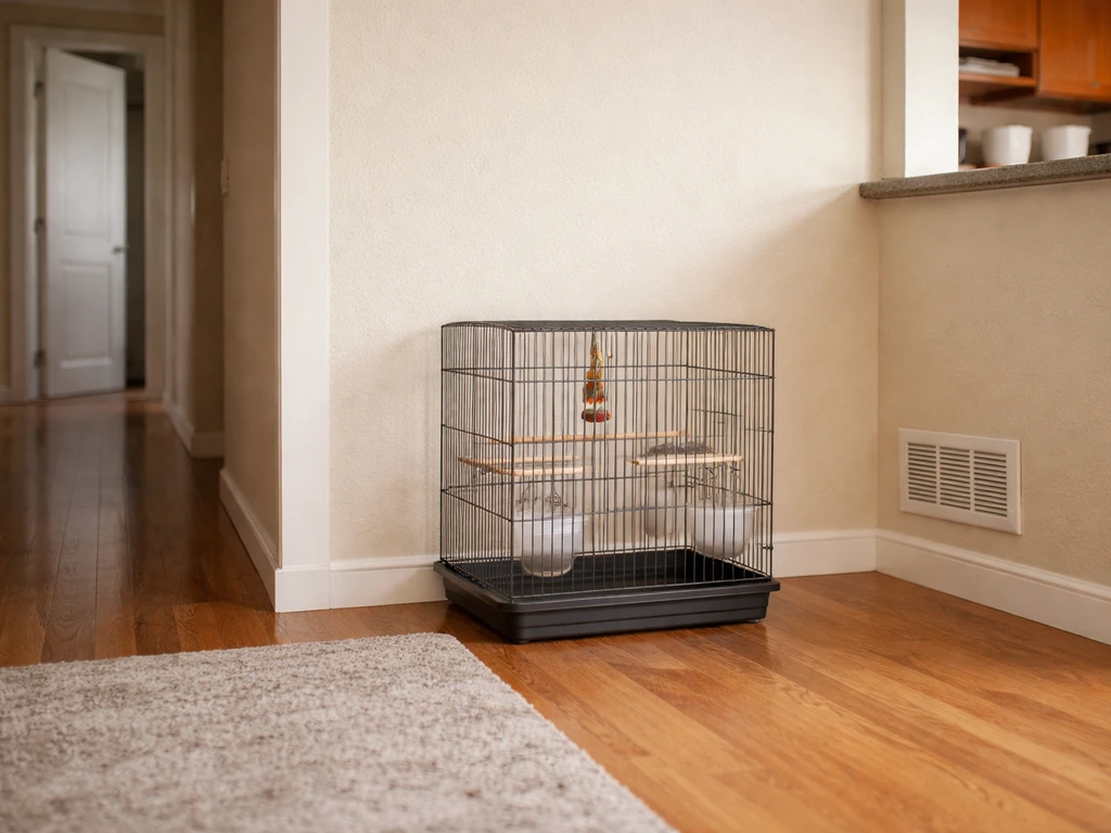 Birdcage placed against a wall at eye level in a quiet room, away from kitchen and drafts.