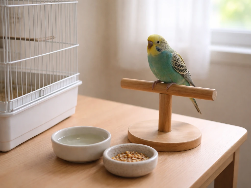Calm bird on a perch beside a simple feeding setup with measured treats in a quiet room