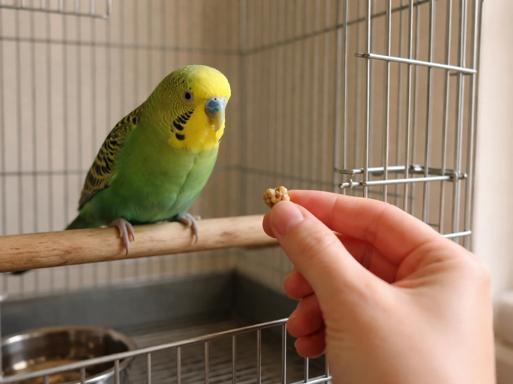Calm bird offered a treat through cage bars, then stepping closer to an open door perch as it trusts.