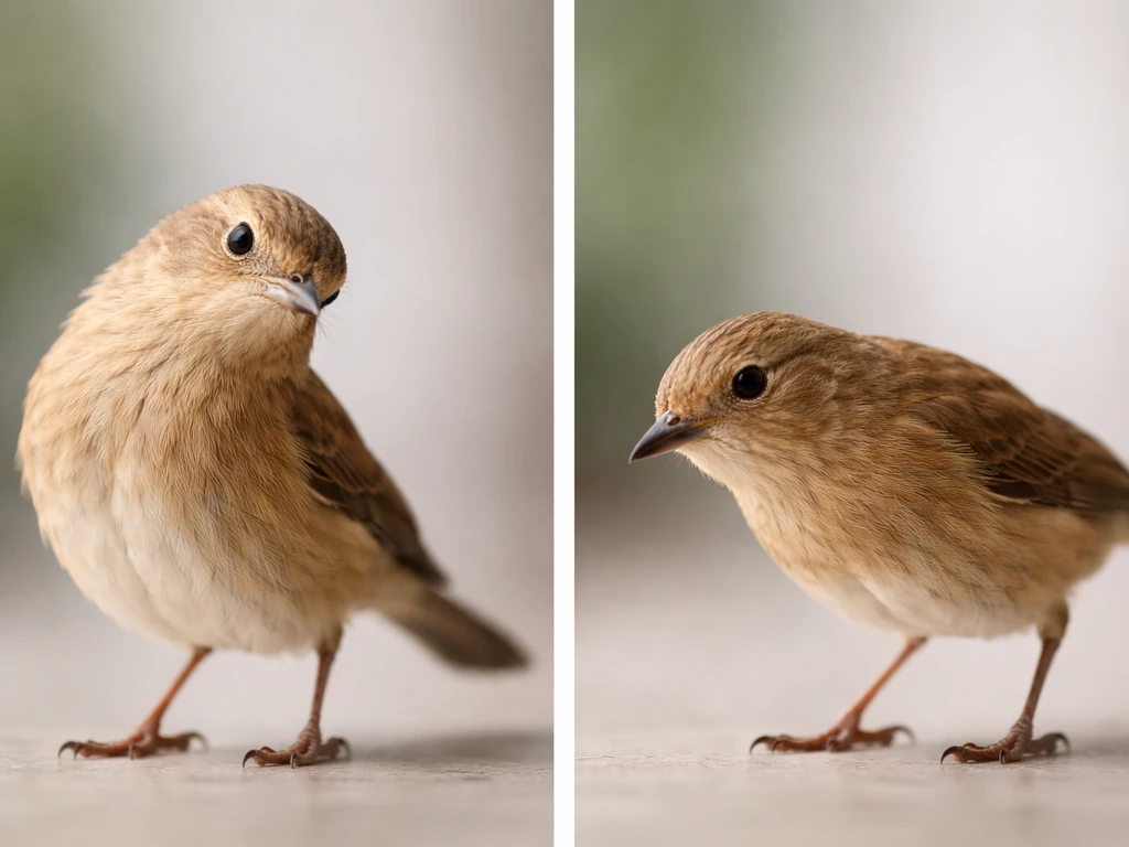 Two close-up photos showing a small bird tilted left/right versus leaning forward, side-by-side.